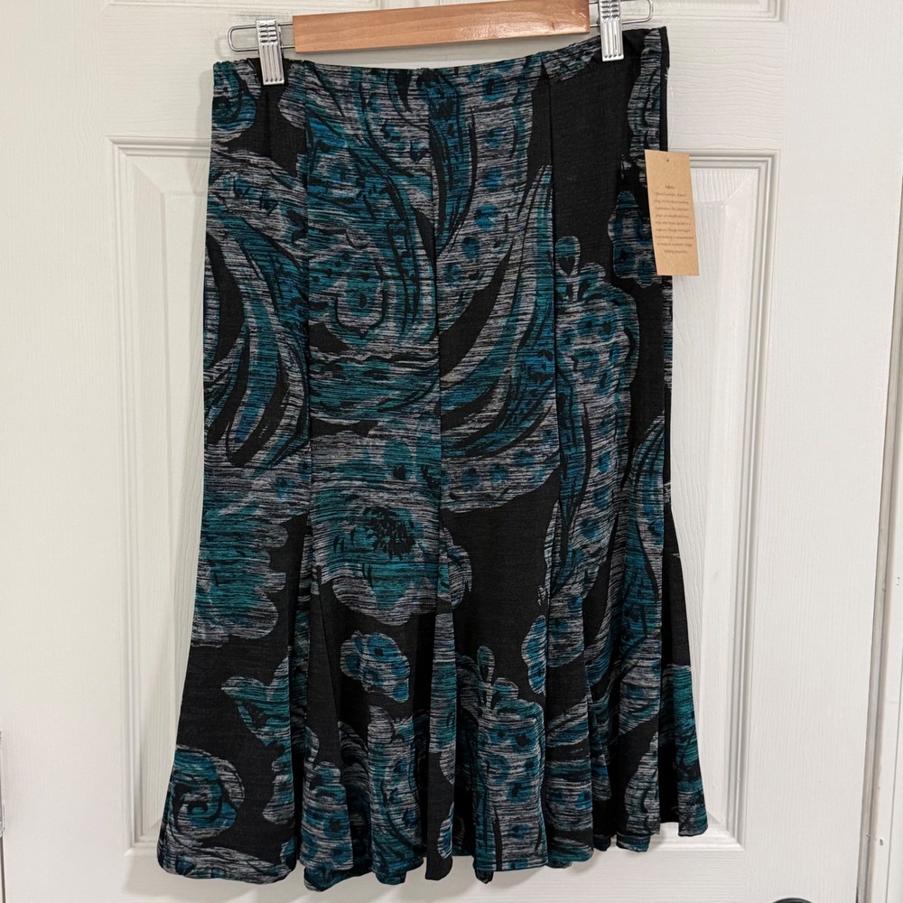 Coldwater Creek Skirt Womens Small Petite Travel‎ Knit Paisley Teal Black Fairy